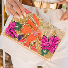 Load image into Gallery viewer, Floral beaded clutch purse, gold bead purse, beaded bag, tropical handbag, beaded bag, floral seed bead clutch, birthday gift for her, clutch bag, seed bead purse, engagement gift, party clutches, floral purse, gifts to bride, wedding gift, evening bags, Summer beaded clutch purse, birthday gift for her, summer clutch, gold clutch purse, beaded bag, summer bag, boho purse, blue beaded clutch purse, unique bags, best selling items, handmade gifts, handmade bag purse, floral sequin clutch purse, custom purse