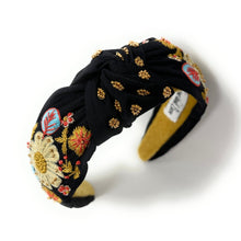 Load image into Gallery viewer, hand beaded Headband, floral beaded knot Headband, black floral top Knot Headband, embroidered floral Knot Headband, custom Knotted Headband, embellished knotted headband, birthday gifts, headbands for women, boho knotted headband, hair accessories, party knot headband, spring knot headband, bachelorette headband, Bachelorette gifts, custom headband, handmade headband, boho headband, handmade knot headband, statement headband, best selling items, birthday gifts for her