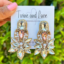 Load image into Gallery viewer, custom beaded Earrings, gold jeweled Earrings, gold Beaded Earrings, boho earrings, summer jeweled earrings, handmade earrings, custom earrings, party accessories, fancy accessories, gold embellished earrings, custom earrings, best friend gifts, birthday gifts, bohemian earrings, luxurious handmade accessories, night jewelry, Fancy earrings, boho earrings, beaded earrings, Fancy jeweled earrings, statement earrings, best selling items, statement earrings, handmade gifts, custom gifts, gold beige