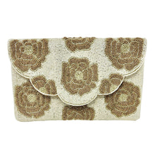 Load image into Gallery viewer, Elegant beige clutch adorned with intricate gold beaded floral patterns. The symmetrical design exudes a vintage, sophisticated charm.