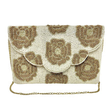 Load image into Gallery viewer, Elegant beige clutch adorned with intricate gold beaded floral patterns. The symmetrical design exudes a vintage, sophisticated charm.