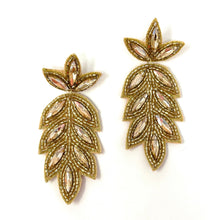 Load image into Gallery viewer, custom beaded Earrings, gold Earrings, gold Beaded Earrings, gold leaves earrings, New years earrings, women earrings, Statement earrings, handmade earrings, custom earrings, bejeweled accessories, fancy accessories, gold color earrings, gifts for mom, best friend gifts, birthday gifts, bohemian earrings, fancy earrings accessory, party earrings, Fancy earrings, boho earrings, rhinestone earrings, embellished earrings, Fancy jeweled earrings, party gold earrings, statement earrings, autumn earrings