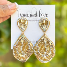 Load image into Gallery viewer, custom beaded Earrings, Unique jeweled Earrings, beige Beaded Earrings, boho earrings, gold jeweled earrings, handmade earrings, custom earrings, party accessories, fancy accessories, beige embellished earrings, custom earrings, best friend gifts, birthday gifts, bohemian earrings, luxurious handmade accessories, night jewelry, Fancy earrings, boho earrings, beaded earrings, Fancy jeweled earrings, statement earrings, best selling items, statement earrings, handmade gifts, custom gifts