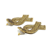 Load image into Gallery viewer, gold ribbon Beaded Earrings, beaded gold Earrings, gold color Earrings, childhood cancer awareness Beaded Earrings, childhood gold ribbon earrings, childhood awareness earrings, childhood cancer ribbon earrings, cancer awareness earrings, Beaded earrings, childhood cancer ribbon earrings, gold bead earrings, ribbon accessories, Childhood cancer awareness accessories, support cancer awareness earrings, gifts for mom, best friend gifts, birthday gifts, gold earrings, gold beaded earrings, support cancer aware