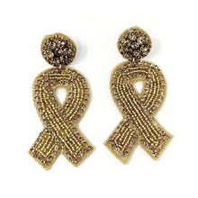 Load image into Gallery viewer, gold ribbon Beaded Earrings, beaded gold Earrings, gold color Earrings, childhood cancer awareness Beaded Earrings, childhood gold ribbon earrings, childhood awareness earrings, childhood cancer ribbon earrings, cancer awareness earrings, Beaded earrings, childhood cancer ribbon earrings, gold bead earrings, ribbon accessories, Childhood cancer awareness accessories, support cancer awareness earrings, gifts for mom, best friend gifts, birthday gifts, gold earrings, gold beaded earrings, support cancer aware