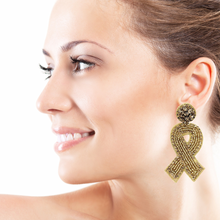 Load image into Gallery viewer, gold ribbon Beaded Earrings, beaded gold Earrings, gold color Earrings, childhood cancer awareness Beaded Earrings, childhood gold ribbon earrings, childhood awareness earrings, childhood cancer ribbon earrings, cancer awareness earrings, Beaded earrings, childhood cancer ribbon earrings, gold bead earrings, ribbon accessories, Childhood cancer awareness accessories, support cancer awareness earrings, gifts for mom, best friend gifts, birthday gifts, gold earrings, gold beaded earrings, support cancer aware