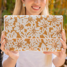 Load image into Gallery viewer, White flowers beaded clutch purse, birthday gift for her, summer clutch, seed bead purse, beaded bag, palm leaf handbag, beaded bag, seed bead clutch, summer bag, birthday gift for her, clutch bag, seed bead purse, engagement gift, bridal gift to bride, bridal gift, palm leaves purse, gifts to bride, gifts for bride, wedding gift, bride gifts,beaded clutch purse, birthday gift for her, summer clutch, seed bead purse, beaded bag, summer bag, boho purse, nude color purse, bronze color purse