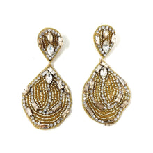 Load image into Gallery viewer, custom beaded Earrings, Unique jeweled Earrings, beige Beaded Earrings, boho earrings, gold jeweled earrings, handmade earrings, custom earrings, party accessories, fancy accessories, beige embellished earrings, custom earrings, best friend gifts, birthday gifts, bohemian earrings, luxurious handmade accessories, night jewelry, Fancy earrings, boho earrings, beaded earrings, Fancy jeweled earrings, statement earrings, best selling items, statement earrings, handmade gifts, custom gifts