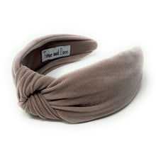 Load image into Gallery viewer, Fall Autumn Headband, Fall Knotted Headband, grayish brown shimmer Knot Headband, Fall Hair Accessories, gray corduroy Headband, Best Seller, headbands for women, best selling items, knotted headband, hairbands for women, Fall Winter gifts, Solid color knot Headband, Solid color hair accessories, Grey color knot headband, corduroy knotted headband, Fall Autumn headband, Birthday gifts, custom knot headband, Winter Autumn accessories, brown headband, coffee corduroy fabric headband, autumn knot headband