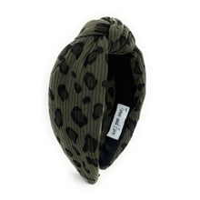 Load image into Gallery viewer, headband for woman, leopard headband, animal print headband, best selling items, corduroy headbands, green army headband, green black top knot headband, woven top knot headband, animal print accessories, trendy headbands, leopard to knot headband, animal print headband, green headband, green top knot headband, handmade headbands, top knotted headband, knotted headband, leopard print headband, brown top knotted headband, leopard headband, corduroy knot headband, leopard print headband