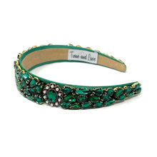 Load image into Gallery viewer, headband for women, fall headband, emerald color headband, fall winter headband, green headband, bridal headband, bridal accessories, green color hairband, green hair band, unique green headband, unique headband, statement headbands, green bridal headband, baroque headband, green hair accessories, unique baroque headband, gemstone headband, luxury headband, embellished headband, dainty headband, baroque embellished headband, custom headband, green jeweled headband