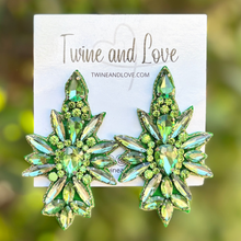 Load image into Gallery viewer, custom beaded Earrings, Unique jeweled Earrings, light green Beaded Earrings, boho earrings, green jeweled earrings, handmade earrings, custom earrings, party accessories, fancy accessories, green embellished earrings, custom earrings, best friend gifts, birthday gifts, bohemian earrings, luxurious handmade accessories, night jewelry, Fancy earrings, boho earrings, beaded earrings, Fancy jeweled earrings, statement earrings, best selling items, light green embellished earrings, handmade gifts