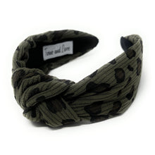 Load image into Gallery viewer, headband for woman, leopard headband, animal print headband, best selling items, corduroy headbands, green army headband, green black top knot headband, woven top knot headband, animal print accessories, trendy headbands, leopard to knot headband, animal print headband, green headband, green top knot headband, handmade headbands, top knotted headband, knotted headband, leopard print headband, brown top knotted headband, leopard headband, corduroy knot headband, leopard print headband
