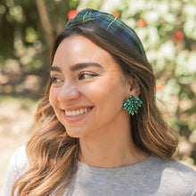 Load image into Gallery viewer, custom beaded Earrings, Unique jeweled Earrings, green Beaded Earrings, boho earrings, green jeweled earrings, handmade earrings, custom earrings, party accessories, fancy accessories, green embellished earrings, custom earrings, best friend gifts, birthday gifts, bohemian earrings, luxurious handmade accessories, night jewelry, Fancy earrings, boho earrings, beaded earrings, Fancy jeweled earrings, emerald color earrings, best selling items, statement earrings, handmade gifts, custom gifts