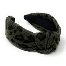 Load image into Gallery viewer, headband for woman, leopard headband, animal print headband, best selling items, corduroy headbands, green army headband, green black top knot headband, woven top knot headband, animal print accessories, trendy headbands, leopard to knot headband, animal print headband, green headband, green top knot headband, handmade headbands, top knotted headband, knotted headband, leopard print headband, brown top knotted headband, leopard headband, corduroy knot headband, leopard print headband