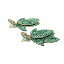 Load image into Gallery viewer, custom beaded Earrings, jeweled Earrings, Green leaves Beaded Earrings, leaves earrings, summer jeweled earrings, handmade earrings, custom earrings, resort accessories, fancy accessories, leaves embellished earrings, custom earrings, best friend gifts, birthday gifts, bohemian earrings, luxurious handmade accessories, party earrings, Fancy earrings, boho earrings, beaded earrings, multicolor embellished earrings, Fancy jeweled earrings, statement earrings, best selling items, statement earrings, handmade g