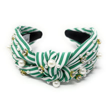 Load image into Gallery viewer, Green and white striped headband with a central knot, adorned with pearls and rhinestones, creating an elegant and playful look.