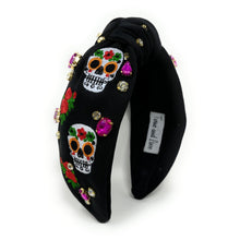 Load image into Gallery viewer, Halloween Jeweled Headband, Sugar Skull Knotted Headband, dia de los Muertos accessories, Black Headband, Day of the Death Hair Accessories, La Catrina Headband, Best Selling items, Sugar skull headband, Sugar Skull jeweled headband, black knotted headband, Halloween gifts, halloween knot Headband, halloween accessories, Halloween headband, Statement headband, Dia de los Muertos gifts, jeweled knot headband, Skull headband, Catrina Embellished headband, Day of the Death embellished headband