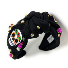 Load image into Gallery viewer, Halloween Jeweled Headband, Sugar Skull Knotted Headband, dia de los Muertos accessories, Black Headband, Day of the Death Hair Accessories, La Catrina Headband, Best Selling items, Sugar skull headband, Sugar Skull jeweled headband, black knotted headband, Halloween gifts, halloween knot Headband, halloween accessories, Halloween headband, Statement headband, Dia de los Muertos gifts, jeweled knot headband, Skull headband, Catrina Embellished headband, Day of the Death embellished headband