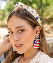 Load image into Gallery viewer, Americana Jeweled Headband, Patriotic Knotted Headband, Star Knotted Headband, Americana Hair Accessories, USA White Knot Headband, Best Seller, headbands for women, best selling items, knotted headband, hairbands for women, hair accessories, Independence day gifts, Independence day Headband, Memorial day hair accessories, American headband, USA flag headband, Fourth of July headband, Fourth of July gifts, red white headband, star knot headband, Jeweled headband, USA Jeweled headband, USA Headband