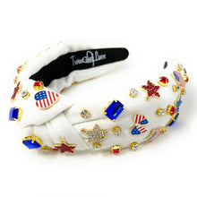 Load image into Gallery viewer, Americana Jeweled Headband, Patriotic Knotted Headband, Star Knotted Headband, Americana Hair Accessories, USA White Knot Headband, Best Seller, headbands for women, best selling items, knotted headband, hairbands for women, hair accessories, Independence day gifts, Independence day Headband, Memorial day hair accessories, American headband, USA flag headband, Fourth of July headband, Fourth of July gifts, red white headband, star knot headband, Jeweled headband, USA Jeweled headband, USA Headband