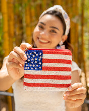 Load image into Gallery viewer, USA Coin Purse Pouch, USA Flag bead Purse, USA Beaded Pouch, Patriotic Purse, Boho bags, Wallets for her, boho pouch, boho accessories, bachelorette gifts, best friend gifts, miscellaneous gifts, best seller, best selling items, gifts for her, birthday gifts, preppy beaded wallet, party favors, bachelorette bag, money pouch, wallets for her, unique cute gifts, mother’s day gift, handmade gifts, Nashville gifts, patriotic accessories, Olympic gifts, credit card pouch, Fourth of July gifts, patriotism gifts