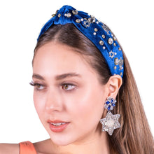 Load image into Gallery viewer, Hanukkah Jeweled Headband, Hanukkah Knotted Headband, Chanukah Knotted Headband, Chanukah Hair Accessories, Hanukkah Headband, Best Seller, headbands for women, best selling items, knotted headband, best selling items, Hanukkah gifts, Chanukah knot Headband, Blue hair accessories, Custom headbands, Chanukah holiday headband, Statement headband, Jewish Holiday gifts, embellished knot headband, jeweled knot headband, Blue Jeweled headband, Hanukkah Embellished headband, Chanukah embellished headband