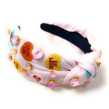 Load image into Gallery viewer, VALENTINES's day Jeweled Headband, Valentine’s Day Headband, Heart Candy Jeweled Knot Headband, Jeweled Knot Headbands, Valentines Day Knotted Headband, best selling headband, birthday gift for her, headbands for women, best selling items, knotted headbands, vday headband, purple knot headband, valentine headband, valentines headband, valentines day gifts, embellished headband, heart stud headband, Heart candy headband, pink hearts headband, handmade headband, hearts knot headband, custom headband