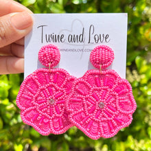 Load image into Gallery viewer, floral Beaded Earrings, beaded fuchsia Earrings, fuchsia floral Earrings, fuchsia love Beaded Earrings, fuchsia flower earrings, floral lover bead earrings, hot pink beaded earrings, pink floral earrings, Beaded earrings, fuchsia Love bead earrings, fuchsia seed bead earrings, floral accessories, summer accessories, spring summer earrings, gifts for mom, best friend gifts, birthday gifts, flower earrings, flower beaded earrings, floral earrings accessory, fuchsia earrings, summer beaded earrings