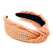 Load image into Gallery viewer, headband for women, gingham headband, orange knot headband, Tennessee Vols knotted headband, Vols, Orange knot headband, game day headband, game day knotted headband, orange Knot headband, Orange white hair band, Gingham knot headbands, Tennessee headband, college knot headbands, white and orange knotted headband, Vols knotted headband, game day hair accessories, Halloween headband, Birthday gifts, knot headband, embellished knot headband, custom headband, handmade headbands, knotted headband