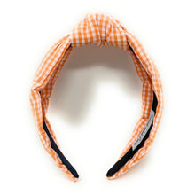 Load image into Gallery viewer, headband for women, gingham headband, orange knot headband, Tennessee Vols knotted headband, Vols, Orange knot headband, game day headband, game day knotted headband, orange Knot headband, Orange white hair band, Gingham knot headbands, Tennessee headband, college knot headbands, white and orange knotted headband, Vols knotted headband, game day hair accessories, Halloween headband, Birthday gifts, knot headband, embellished knot headband, custom headband, handmade headbands, knotted headband