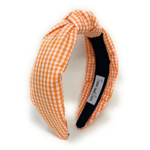 Load image into Gallery viewer, headband for women, gingham headband, orange knot headband, Tennessee Vols knotted headband, Vols, Orange knot headband, game day headband, game day knotted headband, orange Knot headband, Orange white hair band, Gingham knot headbands, Tennessee headband, college knot headbands, white and orange knotted headband, Vols knotted headband, game day hair accessories, Halloween headband, Birthday gifts, knot headband, embellished knot headband, custom headband, handmade headbands, knotted headband