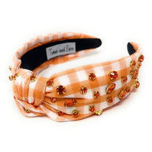 Load image into Gallery viewer, Thanksgiving Jeweled Headband, Thanksgiving Knotted Headband, Orange Knotted Headband, Orange Gingham Hair Accessories, Gingham Headband, Best Seller, headbands for women, best selling items, knotted headband, hairbands for women, thanksgiving gifts, Thanksgiving knot Headband, Thanksgiving hair accessories, Thanksgiving headband, Pumpkin orange headband, Statement headband, embellished knot headband, jeweled knot headband, Jeweled Knotted headband, Embellished headband, Gingham embellished headband