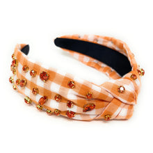 Load image into Gallery viewer, Thanksgiving Jeweled Headband, Thanksgiving Knotted Headband, Orange Knotted Headband, Orange Gingham Hair Accessories, Gingham Headband, Best Seller, headbands for women, best selling items, knotted headband, hairbands for women, thanksgiving gifts, Thanksgiving knot Headband, Thanksgiving hair accessories, Thanksgiving headband, Pumpkin orange headband, Statement headband, embellished knot headband, jeweled knot headband, Jeweled Knotted headband, Embellished headband, Gingham embellished headband