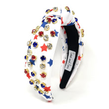 Load image into Gallery viewer, Americana Jeweled Headband, Patriotic Knotted Headband, Star Knotted Headband, Americana Hair Accessories, Red White Headband, Best Seller, headbands for women, best selling items, knotted headband, hairbands for women, hair accessories, Independence day gifts, Independence day Headband, Memorial day hair accessories, American headband, USA flag headband, Fourth of July headband, Fourth of July gifts, red white headband, star knot headband, Jeweled headband, USA Jeweled headband, USA Headband