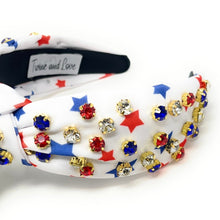 Load image into Gallery viewer, Americana Jeweled Headband, Patriotic Knotted Headband, Star Knotted Headband, Americana Hair Accessories, Red White Headband, Best Seller, headbands for women, best selling items, knotted headband, hairbands for women, hair accessories, Independence day gifts, Independence day Headband, Memorial day hair accessories, American headband, USA flag headband, Fourth of July headband, Fourth of July gifts, red white headband, star knot headband, Jeweled headband, USA Jeweled headband, USA Headband