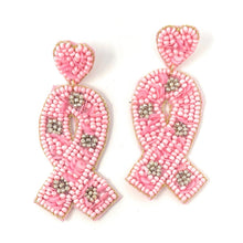 Load image into Gallery viewer, Pink ribbon Beaded Earrings, beaded pink Earrings, Pink Earrings, cancer awareness Beaded Earrings, pink ribbon earrings, white star lover bead earrings, hot pink beaded earrings, cancer awareness earrings, Beaded earrings, breast cancer ribbon earrings, star seed bead earrings, star accessories, summer accessories, spring summer earrings, gifts for mom, best friend gifts, birthday gifts, star earrings, pink beaded earrings, cancer awareness accessories, pink ribbon earrings