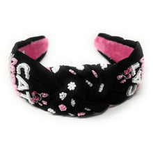 Load image into Gallery viewer, headband for women, cat lover beaded headband, hand beaded pet lover knot headband, cat lover headbands, Pet lover headband, top knot headband, woven top knot headband, cat lover knot headband, beaded hair band,  pet lover knot headbands, black knotted headband, handmade headbands, top knotted headband, kitten knotted headband, animal lover headband, fashion headbands, embellished headband, rhinestone headband, luxury headband, Pet lover jewelry, jeweled knot headband, pet lover gifts, cat lover gifts