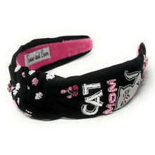 Load image into Gallery viewer, headband for women, cat lover beaded headband, hand beaded pet lover knot headband, cat lover headbands, Pet lover headband, top knot headband, woven top knot headband, cat lover knot headband, beaded hair band,  pet lover knot headbands, black knotted headband, handmade headbands, top knotted headband, kitten knotted headband, animal lover headband, fashion headbands, embellished headband, rhinestone headband, luxury headband, Pet lover jewelry, jeweled knot headband, pet lover gifts, cat lover gifts