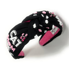 Load image into Gallery viewer, headband for women, cat lover beaded headband, hand beaded pet lover knot headband, cat lover headbands, Pet lover headband, top knot headband, woven top knot headband, cat lover knot headband, beaded hair band,  pet lover knot headbands, black knotted headband, handmade headbands, top knotted headband, kitten knotted headband, animal lover headband, fashion headbands, embellished headband, rhinestone headband, luxury headband, Pet lover jewelry, jeweled knot headband, pet lover gifts, cat lover gifts