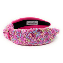 Load image into Gallery viewer, headband for women, summer Knot headband, pink headband, Summer knotted headband, Multicolor top knot headband, multi color top knotted headband, multicolor knotted headband, Bright knot headband, pink Sequin hair band, pink sequin knot headbands, pink knot headband, statement headbands, top knotted headband, knotted headband, Multicolor accessories, embellished headband, gemstone knot headband, luxury headband, embellished knot headband, multicolor knot headband, summer knot embellished headband