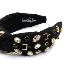 Load image into Gallery viewer, Football headband, Go Dawgs jeweled knot headband, GameDay headband, Georgia bulldogs embellished headband, black knotted headband, College Game day headband, college knotted headband, Go dawgs, Who Dat, Georgia Bulldogs headband, best friend gift, college dawgs, college game day gift, Red black knot headband, Go dawgs college gifts, game day knot headband, college gifts, black football headband, tailgating outfit, basketball headband, Football team headband, Saints headbands