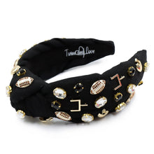 Load image into Gallery viewer, Football headband, Go Dawgs jeweled knot headband, GameDay headband, Georgia bulldogs embellished headband, black knotted headband, College Game day headband, college knotted headband, Go dawgs, Who Dat, Georgia Bulldogs headband, best friend gift, college dawgs, college game day gift, Red black knot headband, Go dawgs college gifts, game day knot headband, college gifts, black football headband, tailgating outfit, basketball headband, Football team headband, Saints headbands