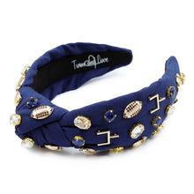 Load image into Gallery viewer, football headband, Dallas Cowboys jeweled knot headband, Game Day headband, New England Patriots headband, blue knotted headband, College Game day headband, college knotted headband, Indianapolis Cots Headband, Los Angeles Rams headband, best friend gift, Football blue, college game day gift, Seattle Seahawks headband, Penn State college gifts, Penn State headband, college gifts, Dallas football headband, Penn State tailgating outfit, Blue football headband, Football team headband