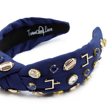 Load image into Gallery viewer, football headband, Dallas Cowboys jeweled knot headband, Game Day headband, New England Patriots headband, blue knotted headband, College Game day headband, college knotted headband, Indianapolis Cots Headband, Los Angeles Rams headband, best friend gift, Football blue, college game day gift, Seattle Seahawks headband, Penn State college gifts, Penn State headband, college gifts, Dallas football headband, Penn State tailgating outfit, Blue football headband, Football team headband