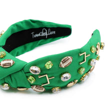 Load image into Gallery viewer, green gold knot headband, green jeweled knot headband, GameDay headband, green gold embellished headband, green gold knotted headband, College Game day headband, college knotted headband, green bay Packers headband, Baylor bears headband, best friend gift, college go bears, college game day gift, baylor bear knot headband, Baylor university college gifts, Seattle Seahawks headband, college gifts, Michigan state football headband, Baylor bear tailgating outfit, Notre Dame headband, Football team headband
