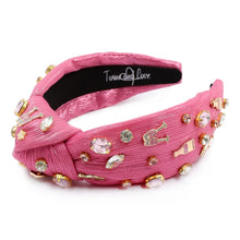 Load image into Gallery viewer, pink Champagne jeweled knotted headband, pink shimmery Knotted headband, pink headbands, birthday headbands, pink top knot headband, bachelorette headband, pink headband, pink hair band, top knotted headband, statement headbands, custom headband, best selling items, Champagne headband, party headbands, birthday headband, fashion headbands, embellished headband, rhinestone headband, gemstone headband, luxury headband, jeweled headband for women, jeweled knot headband, happy birthday headbands