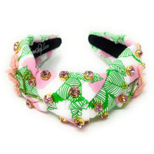 Load image into Gallery viewer, headband for women, summer Knot headband, Summer lover headband, floral knotted headband, yellow top knot headband, pink floral top knotted headband, white knotted headband, Green pink floral hair band, flowers knot headbands, flowers headband, statement headbands, top knotted headband, knotted headband, yellow hair accessories, embellished headband, gemstone knot headband, luxury headband, embellished knot headband, jeweled knot headband, summer knot embellished headband