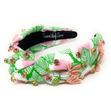 Load image into Gallery viewer, headband for women, summer Knot headband, Summer lover headband, floral knotted headband, yellow top knot headband, pink floral top knotted headband, white knotted headband, Green pink floral hair band, flowers knot headbands, flowers headband, statement headbands, top knotted headband, knotted headband, yellow hair accessories, embellished headband, gemstone knot headband, luxury headband, embellished knot headband, jeweled knot headband, summer knot embellished headband