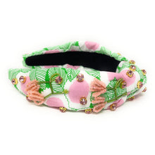 Load image into Gallery viewer, headband for women, summer Knot headband, Summer lover headband, floral knotted headband, yellow top knot headband, pink floral top knotted headband, white knotted headband, Green pink floral hair band, flowers knot headbands, flowers headband, statement headbands, top knotted headband, knotted headband, yellow hair accessories, embellished headband, gemstone knot headband, luxury headband, embellished knot headband, jeweled knot headband, summer knot embellished headband